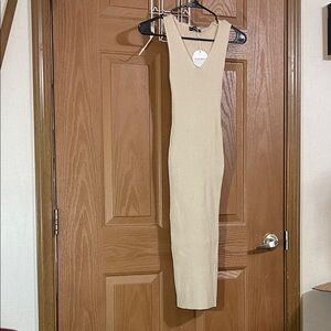 Elegant Beige Ribbed Midi Dress